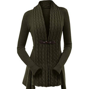 New Cable Knit Buckle Asymmetrical Long Cardigan